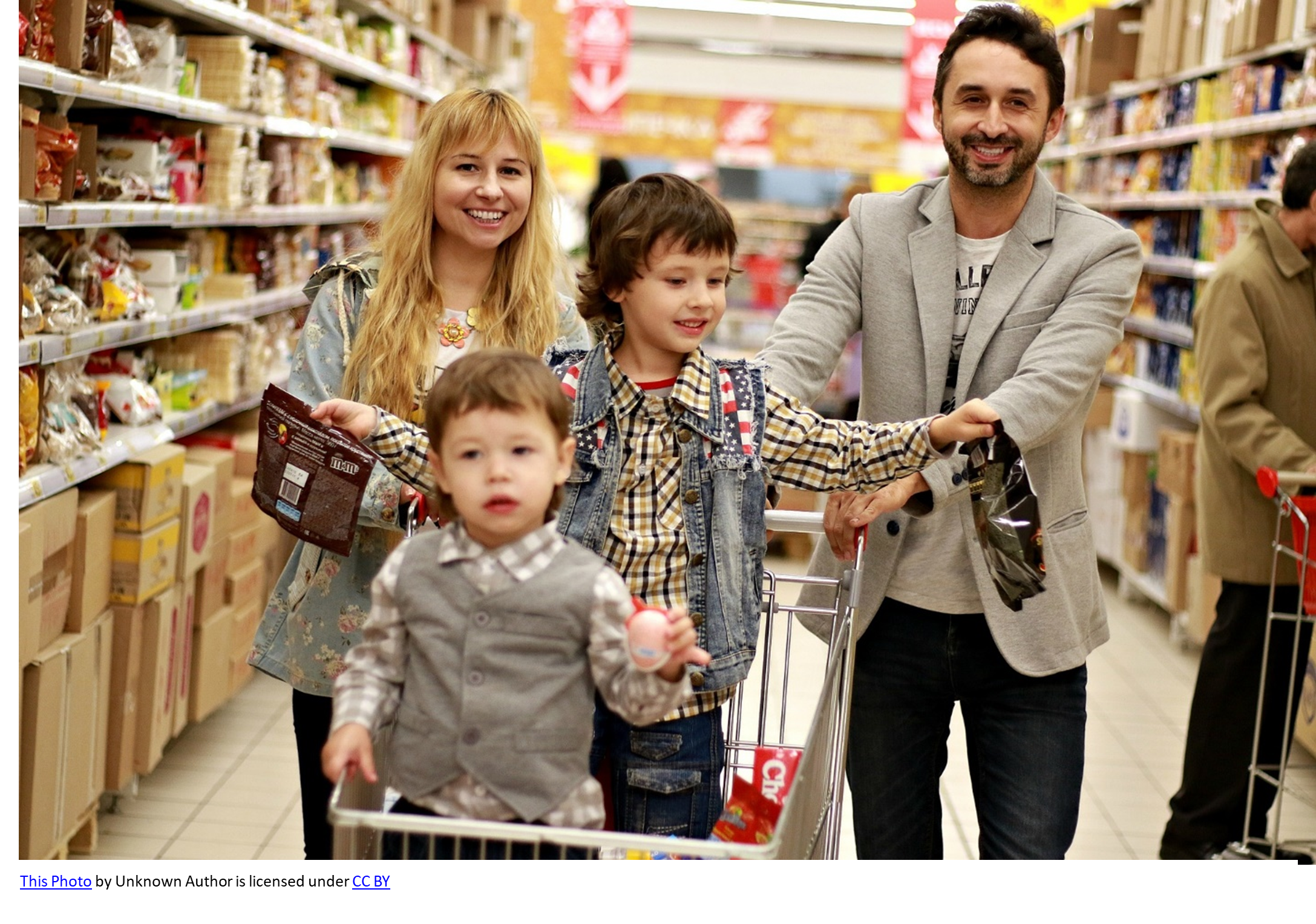 Happy mother, father and two kids at the grocery store